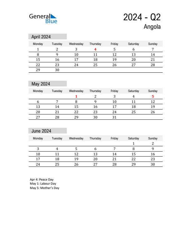 Angola Quarter 2 2024 Calendar with Holidays