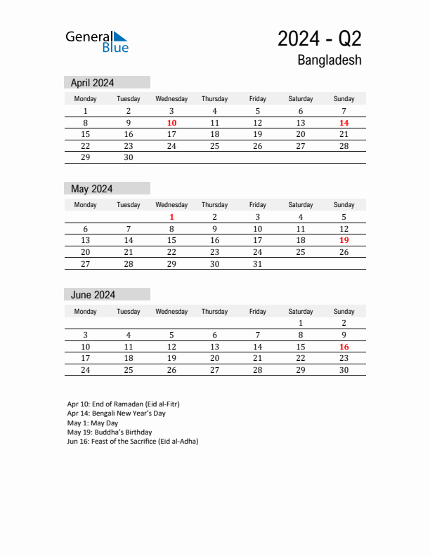 Bangladesh Quarter 2 2024 Calendar with Holidays