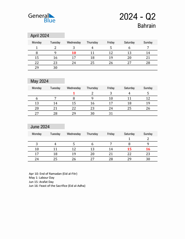 Bahrain Quarter 2 2024 Calendar with Holidays