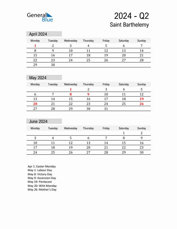 Saint Barthelemy Quarter 2 2024 Calendar with Holidays