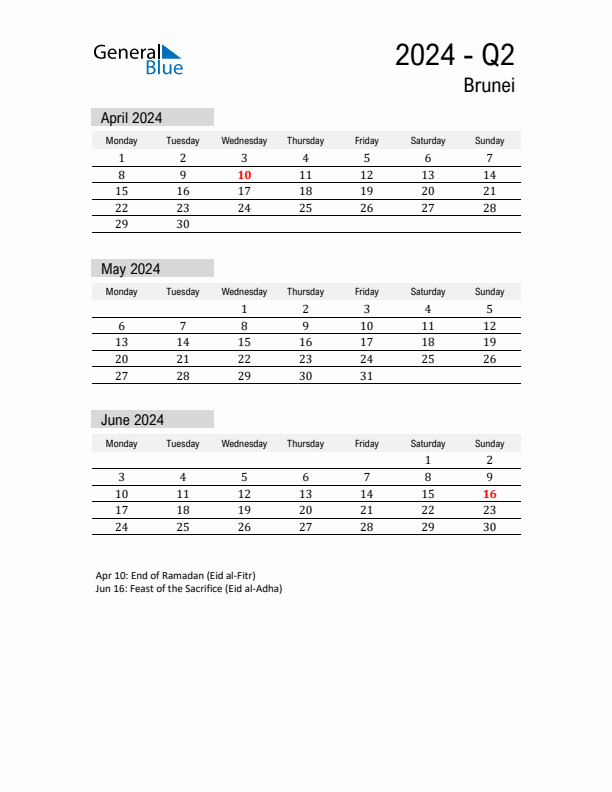 Brunei Quarter 2 2024 Calendar with Holidays
