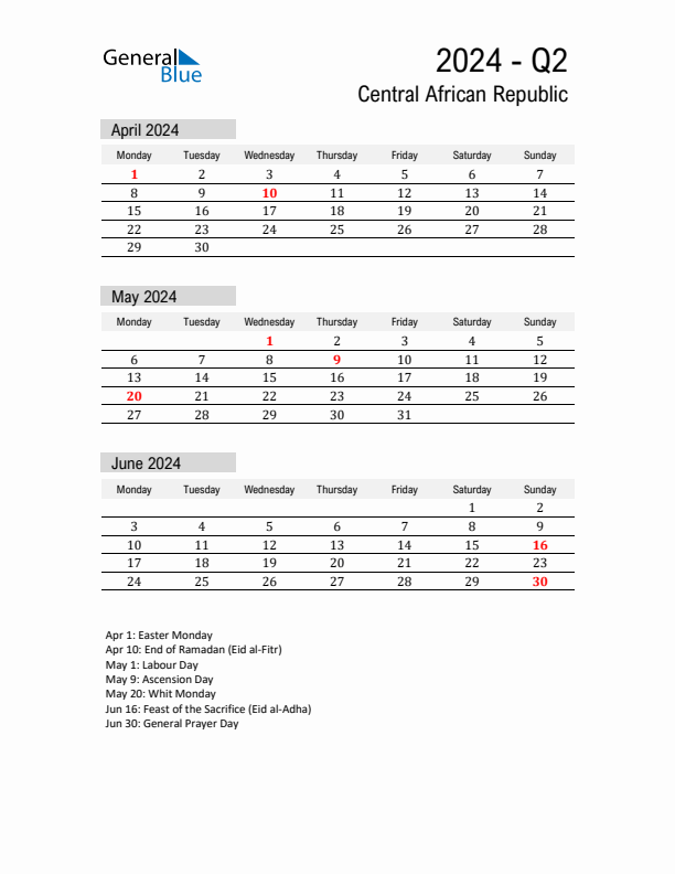 Central African Republic Quarter 2 2024 Calendar with Holidays