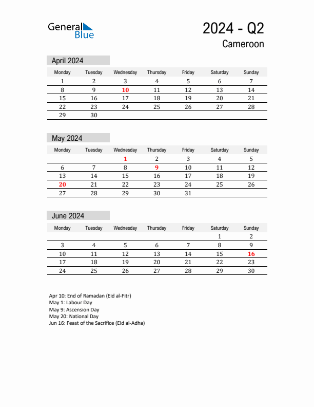 Cameroon Quarter 2 2024 Calendar with Holidays