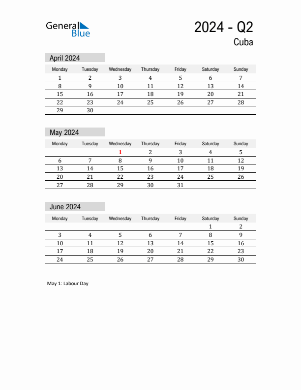 Cuba Quarter 2 2024 Calendar with Holidays