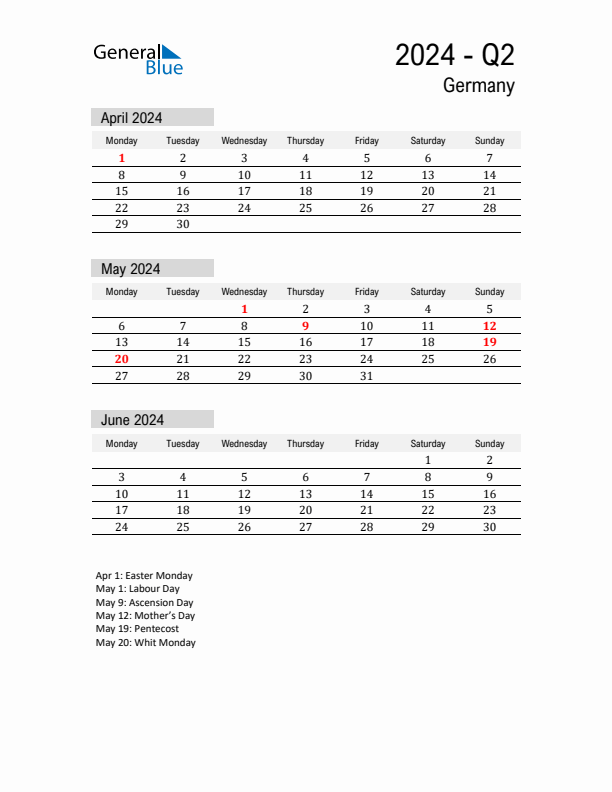 Germany Quarter 2 2024 Calendar with Holidays