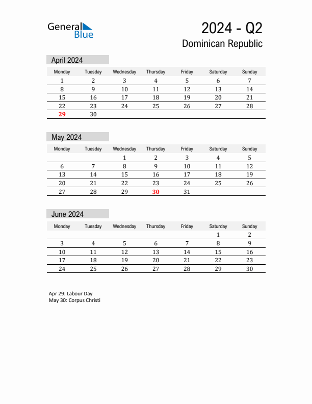 Dominican Republic Quarter 2 2024 Calendar with Holidays