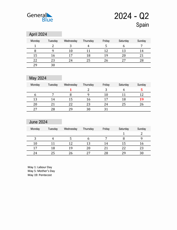 Spain Quarter 2 2024 Calendar with Holidays