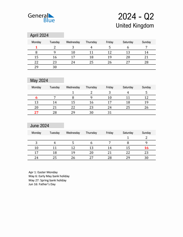 United Kingdom Quarter 2 2024 Calendar with Holidays