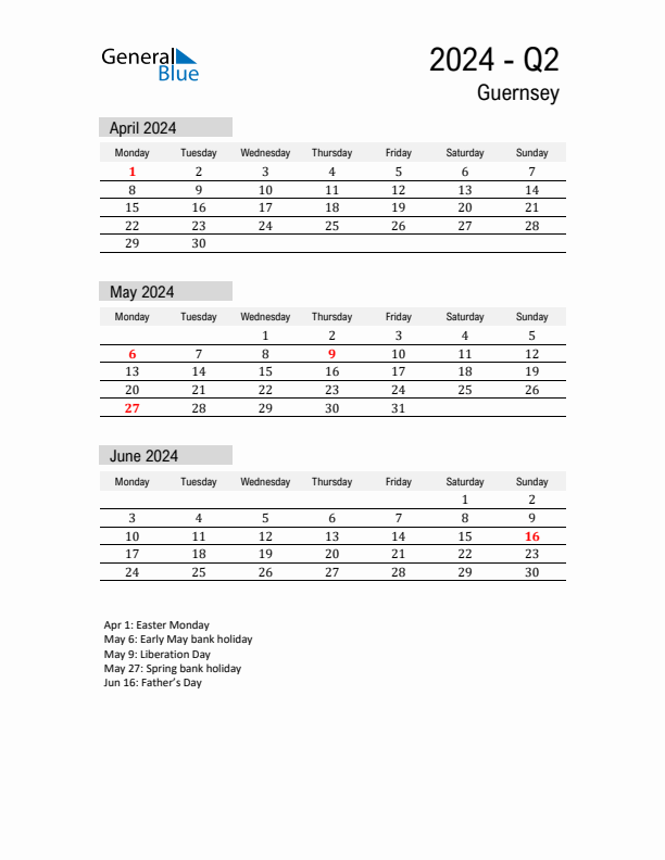 Guernsey Quarter 2 2024 Calendar with Holidays