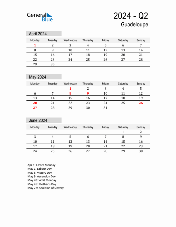 Guadeloupe Quarter 2 2024 Calendar with Holidays