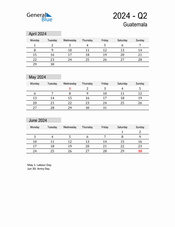 Guatemala Quarter 2 2024 Calendar with Holidays