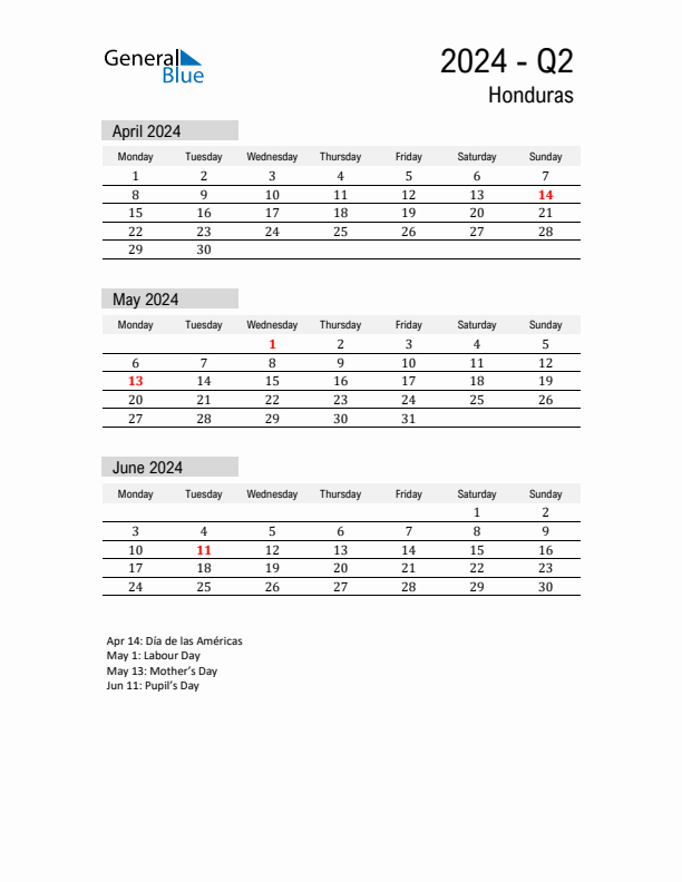 Honduras Quarter 2 2024 Calendar with Holidays