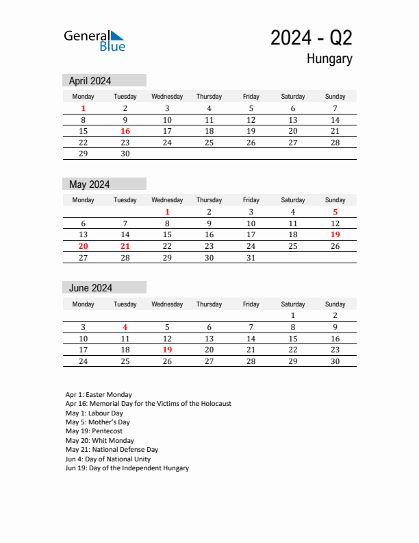 Hungary Quarter 2 2024 Calendar with Holidays