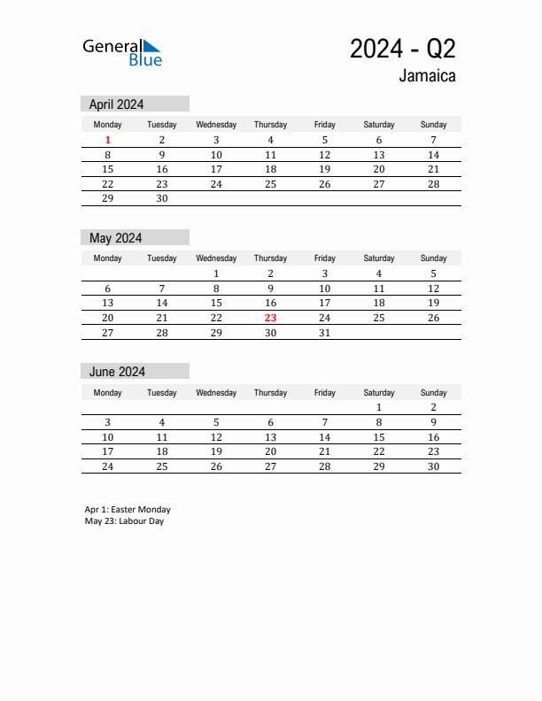 Jamaica Quarter 2 2024 Calendar with Holidays