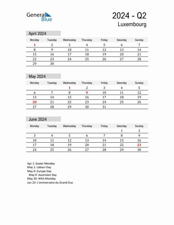 Luxembourg Quarter 2 2024 Calendar with Holidays