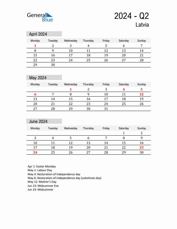 Latvia Quarter 2 2024 Calendar with Holidays