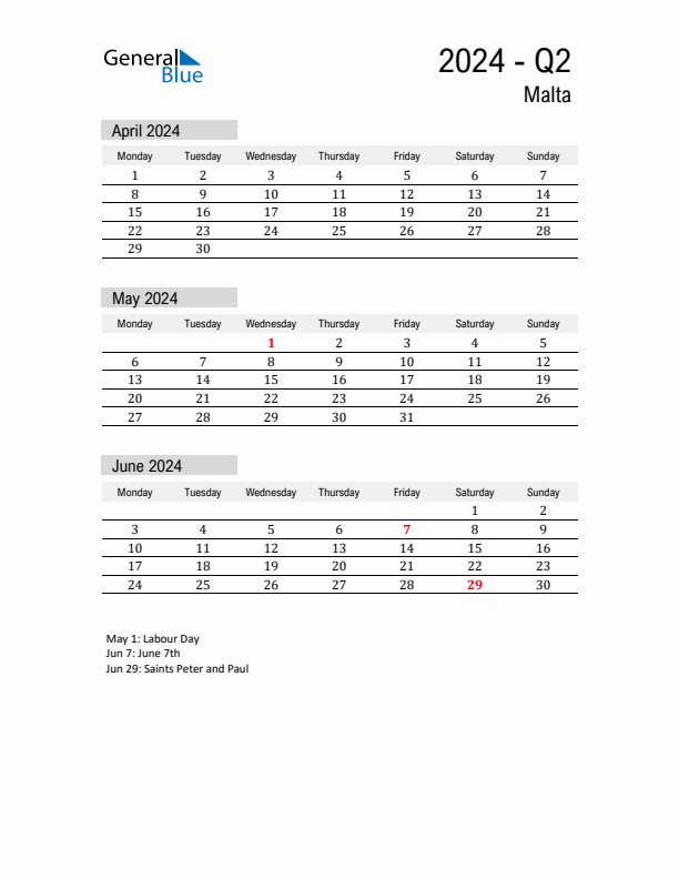 Malta Quarter 2 2024 Calendar with Holidays