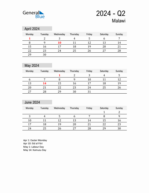 Malawi Quarter 2 2024 Calendar with Holidays