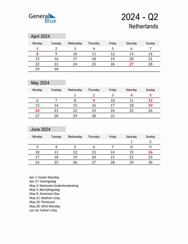 The Netherlands Quarter 2 2024 Calendar with Holidays