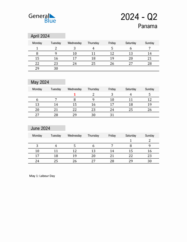 Panama Quarter 2 2024 Calendar with Holidays