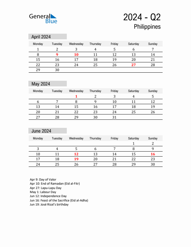 Philippines Quarter 2 2024 Calendar with Holidays