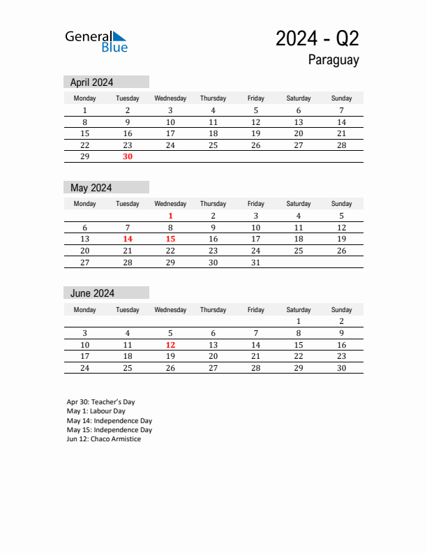 Paraguay Quarter 2 2024 Calendar with Holidays