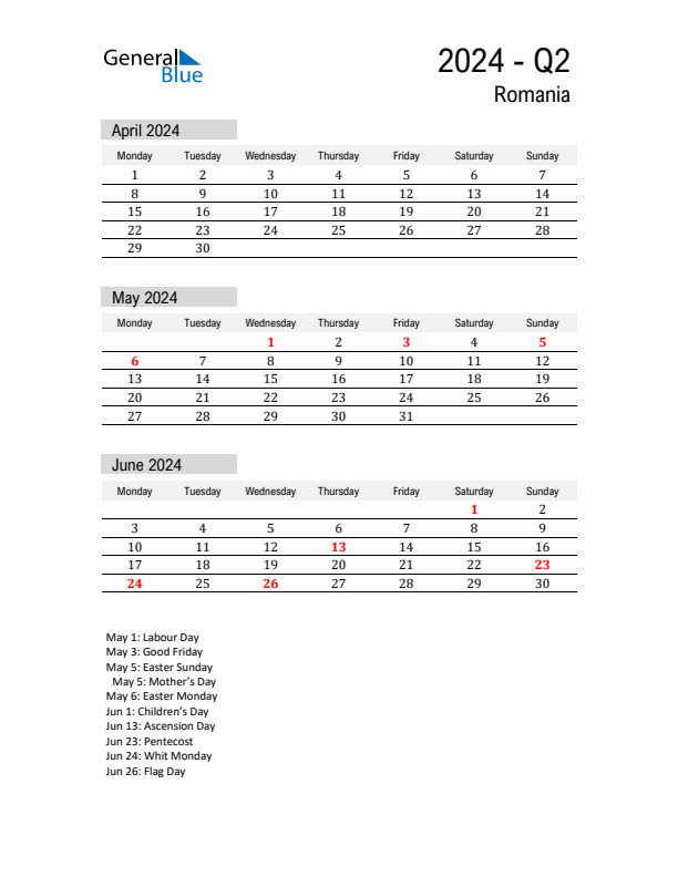 Romania Quarter 2 2024 Calendar with Holidays