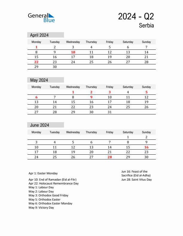 Serbia Quarter 2 2024 Calendar with Holidays