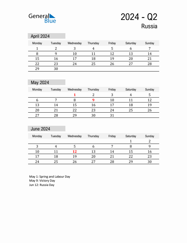 Russia Quarter 2 2024 Calendar with Holidays
