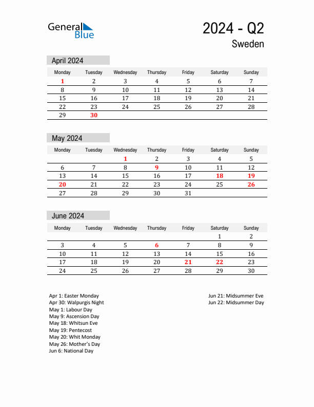 Sweden Quarter 2 2024 Calendar with Holidays