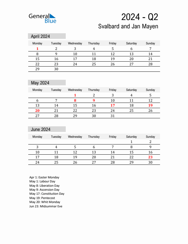 Svalbard and Jan Mayen Quarter 2 2024 Calendar with Holidays