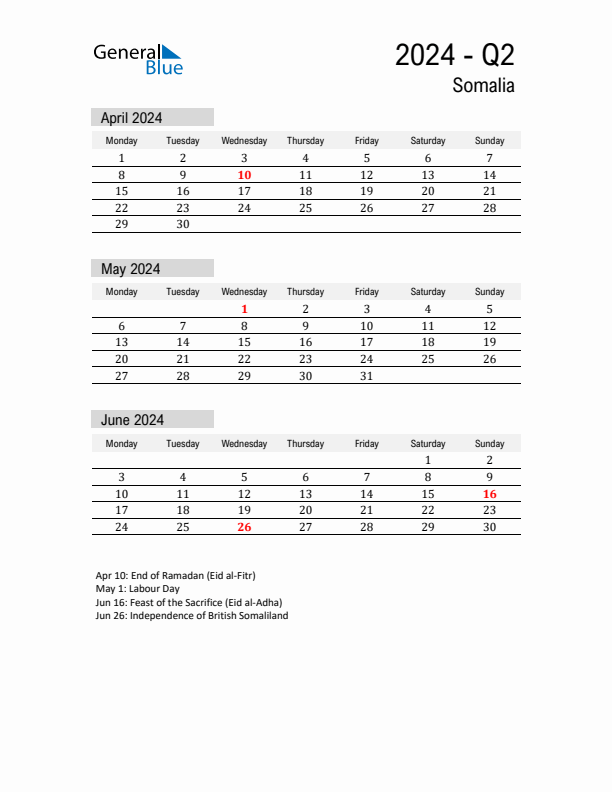 Somalia Quarter 2 2024 Calendar with Holidays