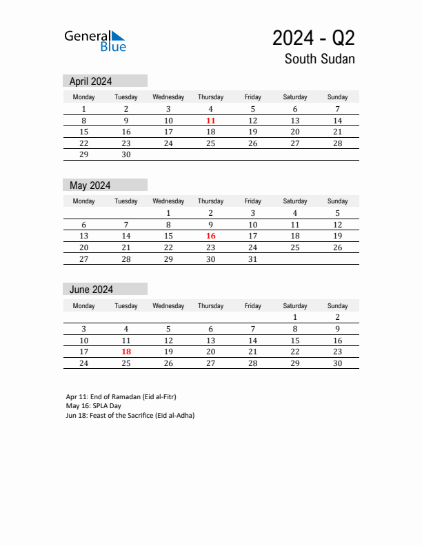 South Sudan Quarter 2 2024 Calendar with Holidays