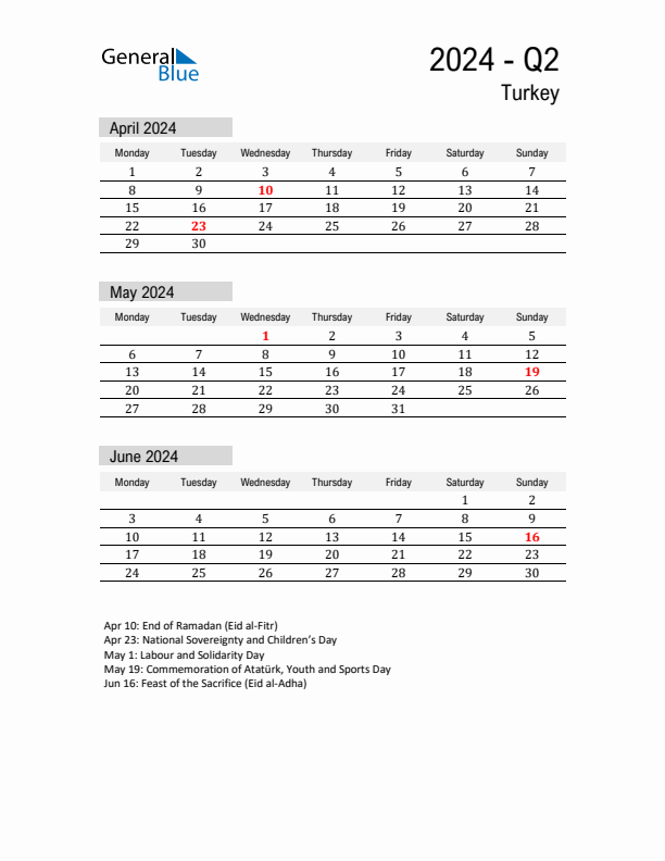 Turkey Quarter 2 2024 Calendar with Holidays