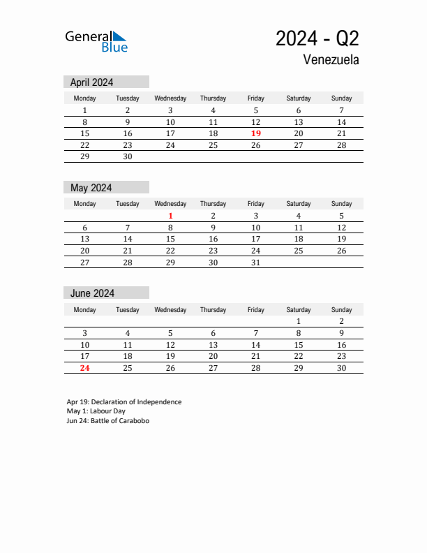 Venezuela Quarter 2 2024 Calendar with Holidays