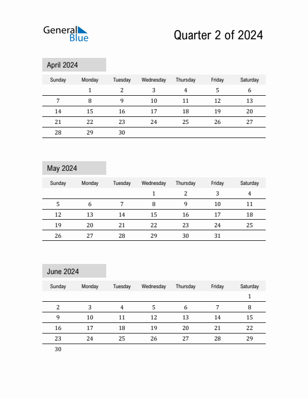 April, May, and June Calendar 2024