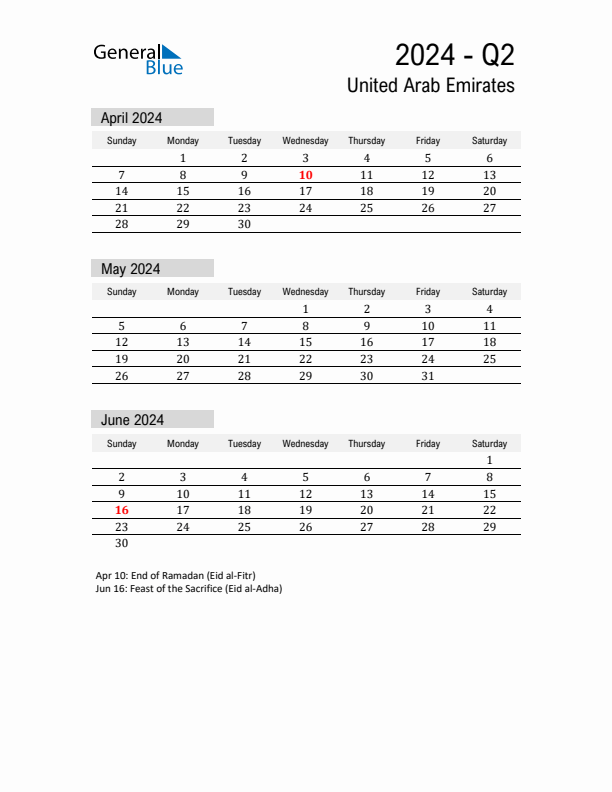 United Arab Emirates Quarter 2 2024 Calendar with Holidays