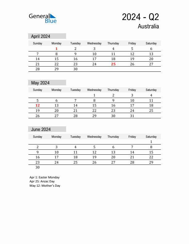 Australia Quarter 2 2024 Calendar with Holidays