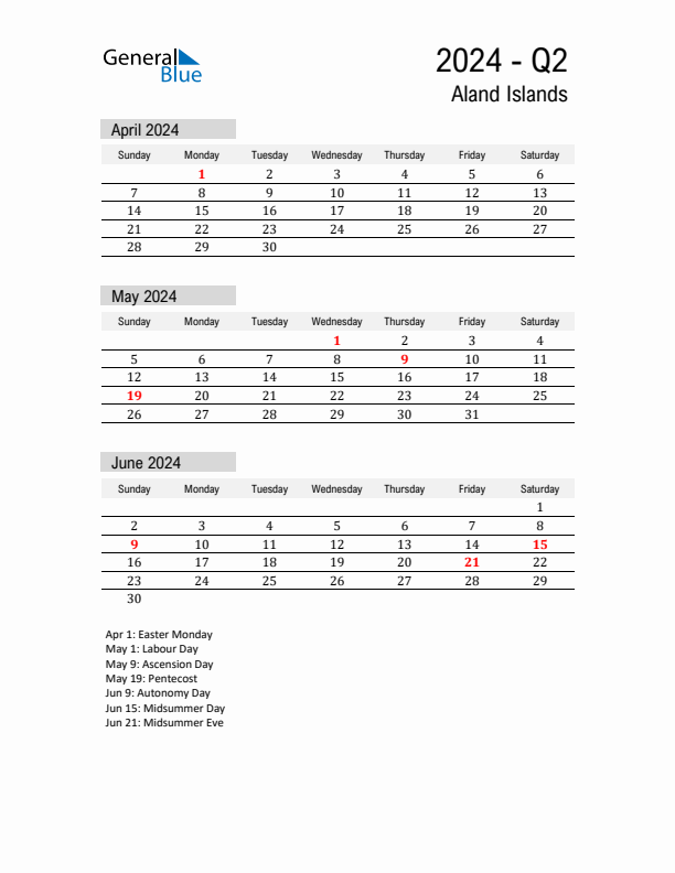 Aland Islands Quarter 2 2024 Calendar with Holidays