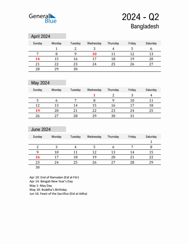 Bangladesh Quarter 2 2024 Calendar with Holidays