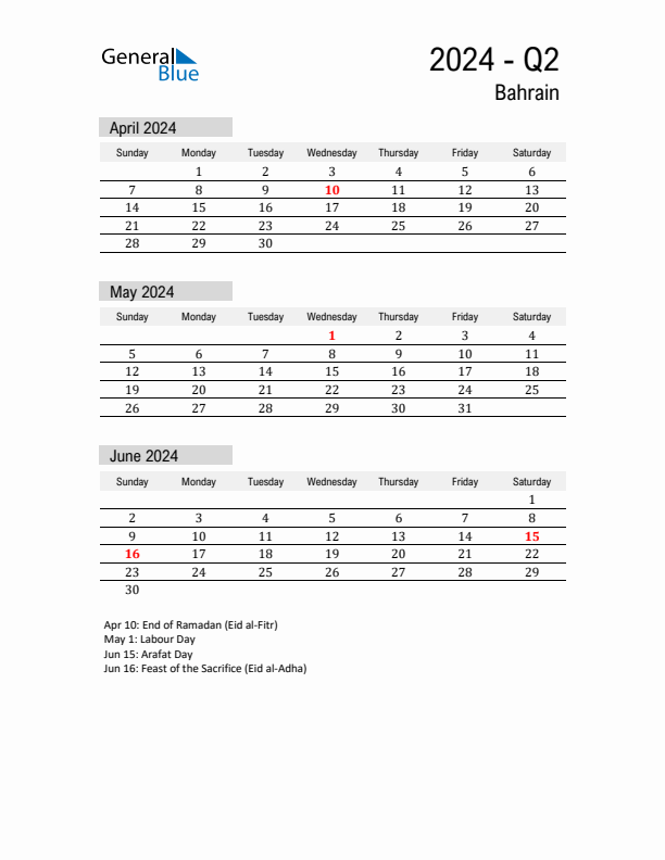 Bahrain Quarter 2 2024 Calendar with Holidays