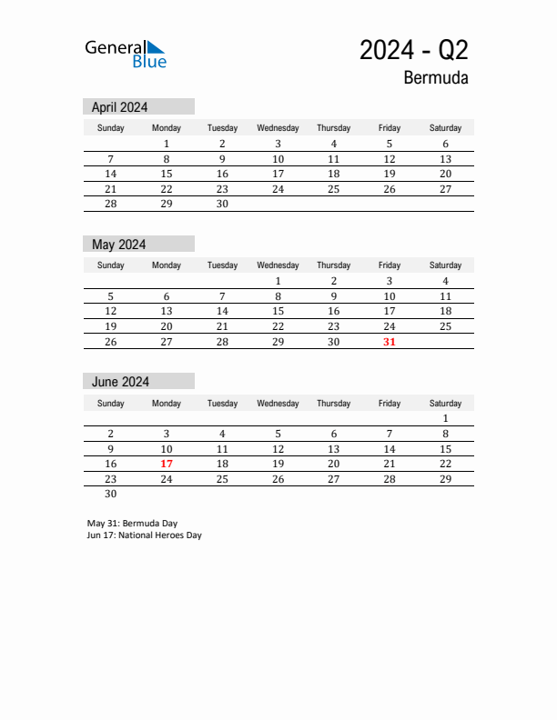 Bermuda Quarter 2 2024 Calendar with Holidays