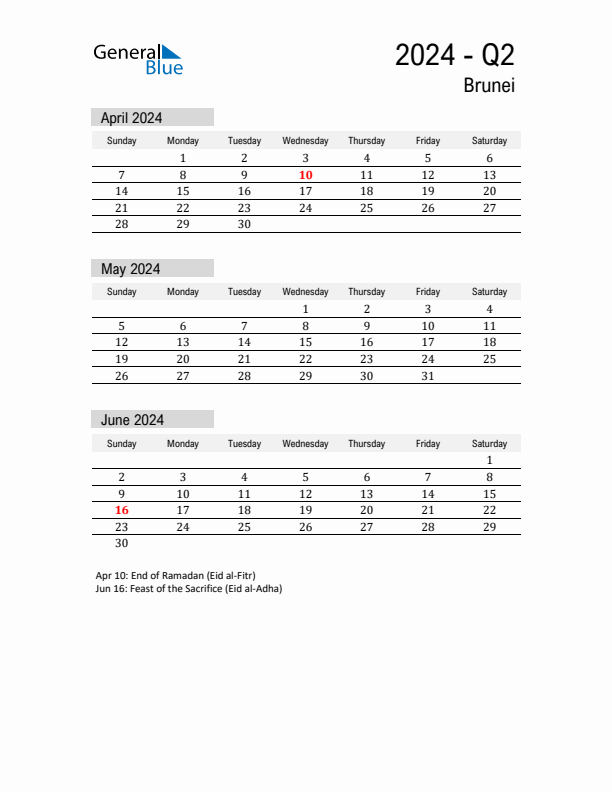 Brunei Quarter 2 2024 Calendar with Holidays