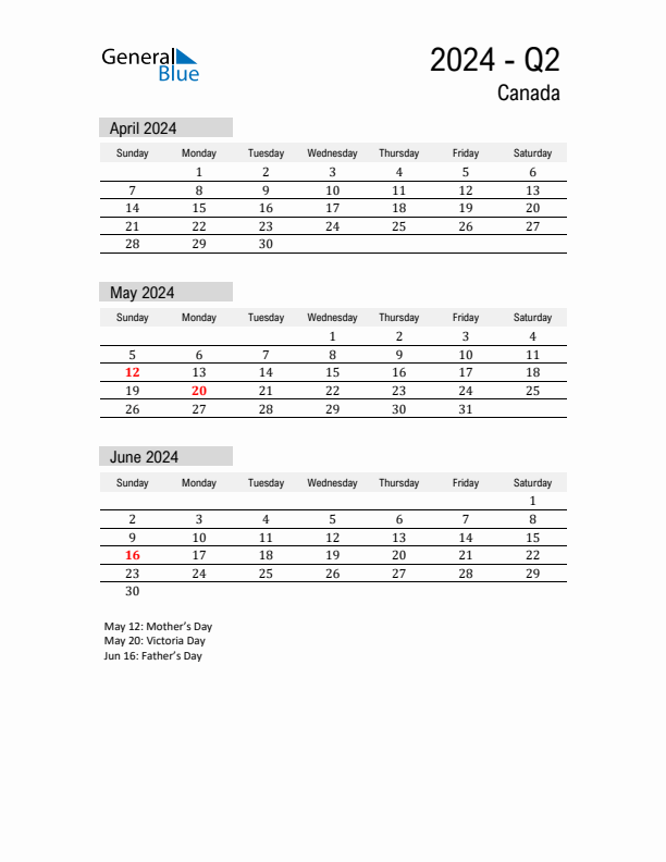 Canada Quarter 2 2024 Calendar with Holidays