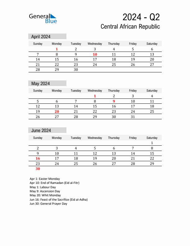 Central African Republic Quarter 2 2024 Calendar with Holidays