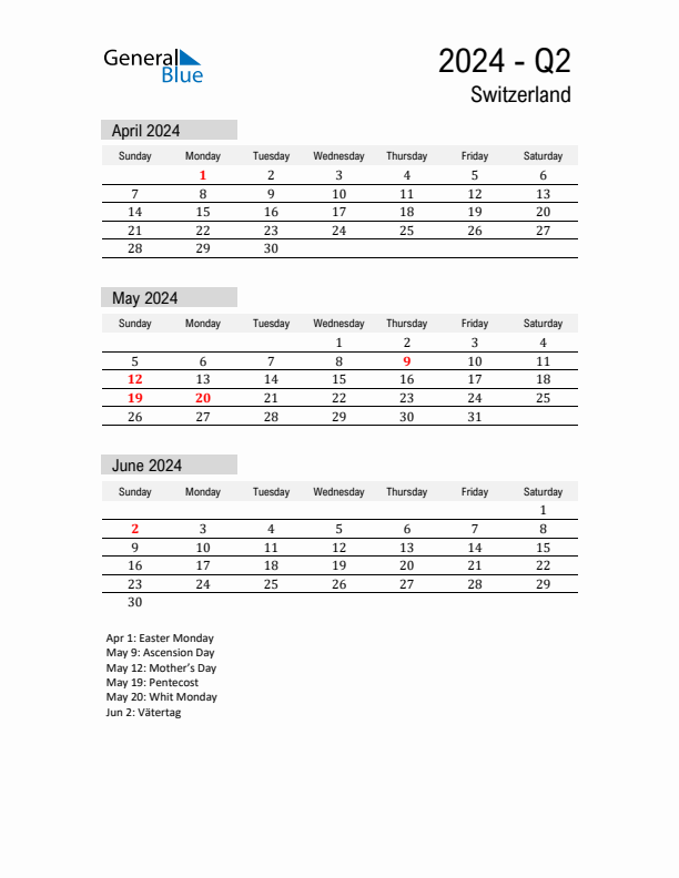 Switzerland Quarter 2 2024 Calendar with Holidays