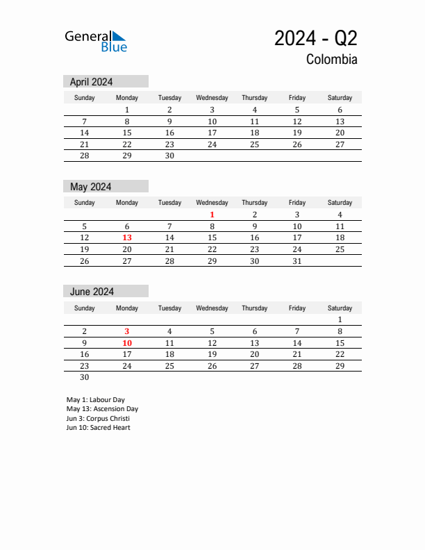 Colombia Quarter 2 2024 Calendar with Holidays