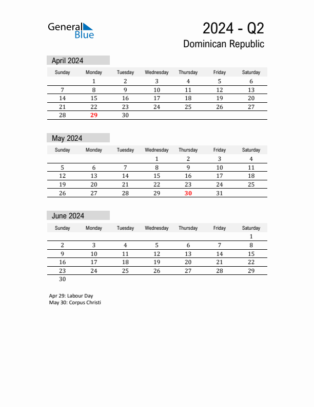 Dominican Republic Quarter 2 2024 Calendar with Holidays