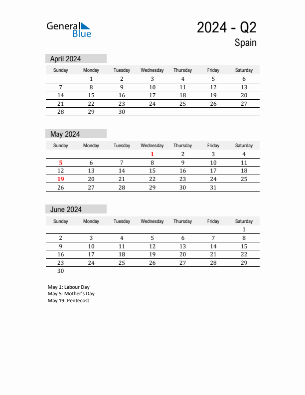 Spain Quarter 2 2024 Calendar with Holidays