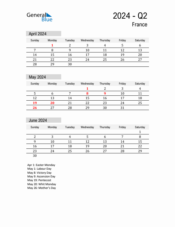 France Quarter 2 2024 Calendar with Holidays